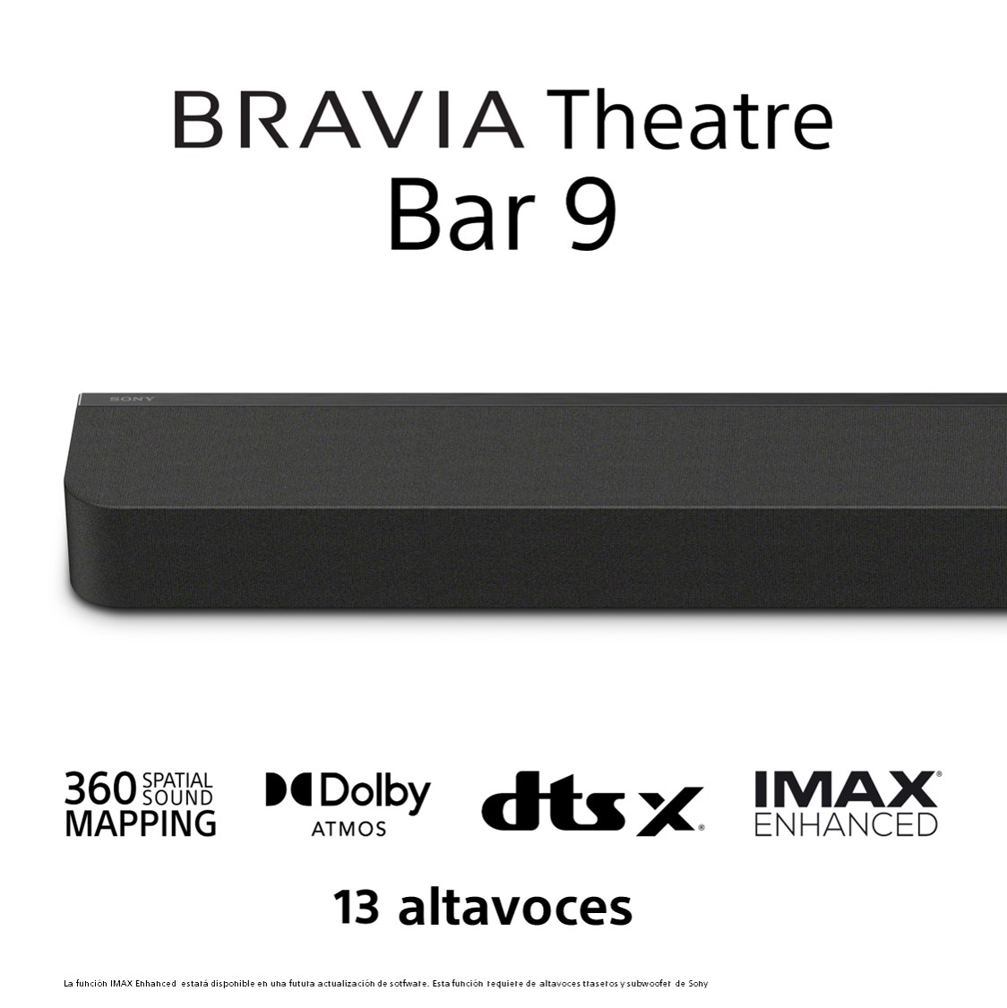 Barra de sonido negra con texto BRAVIA Theatre Bar 9, Dolby Atmos y DTS:X.
