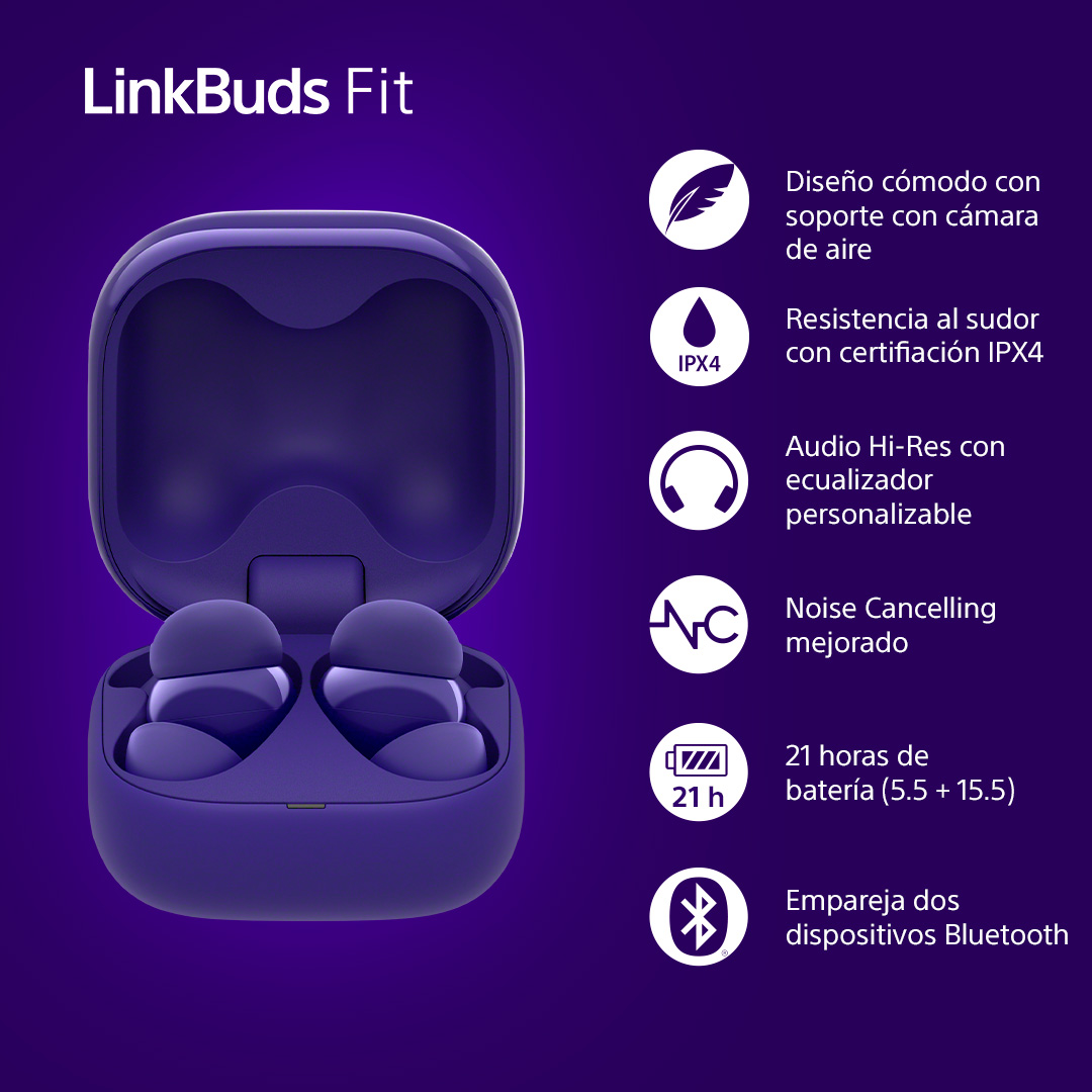 Auriculares morados con funda y texto.