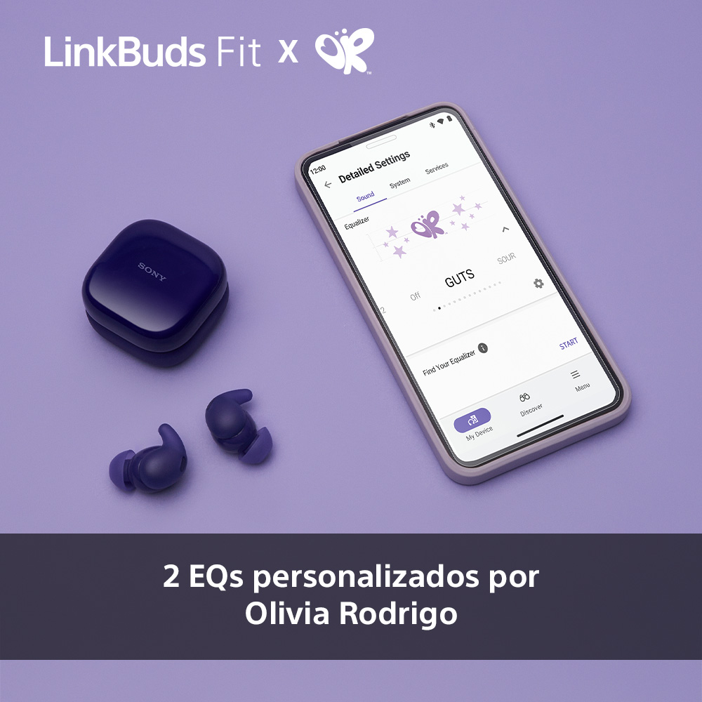 Auriculares, estuche de carga y teléfono con aplicación. Texto: '2 EQs personalizados por Olivia Rodrigo'.
