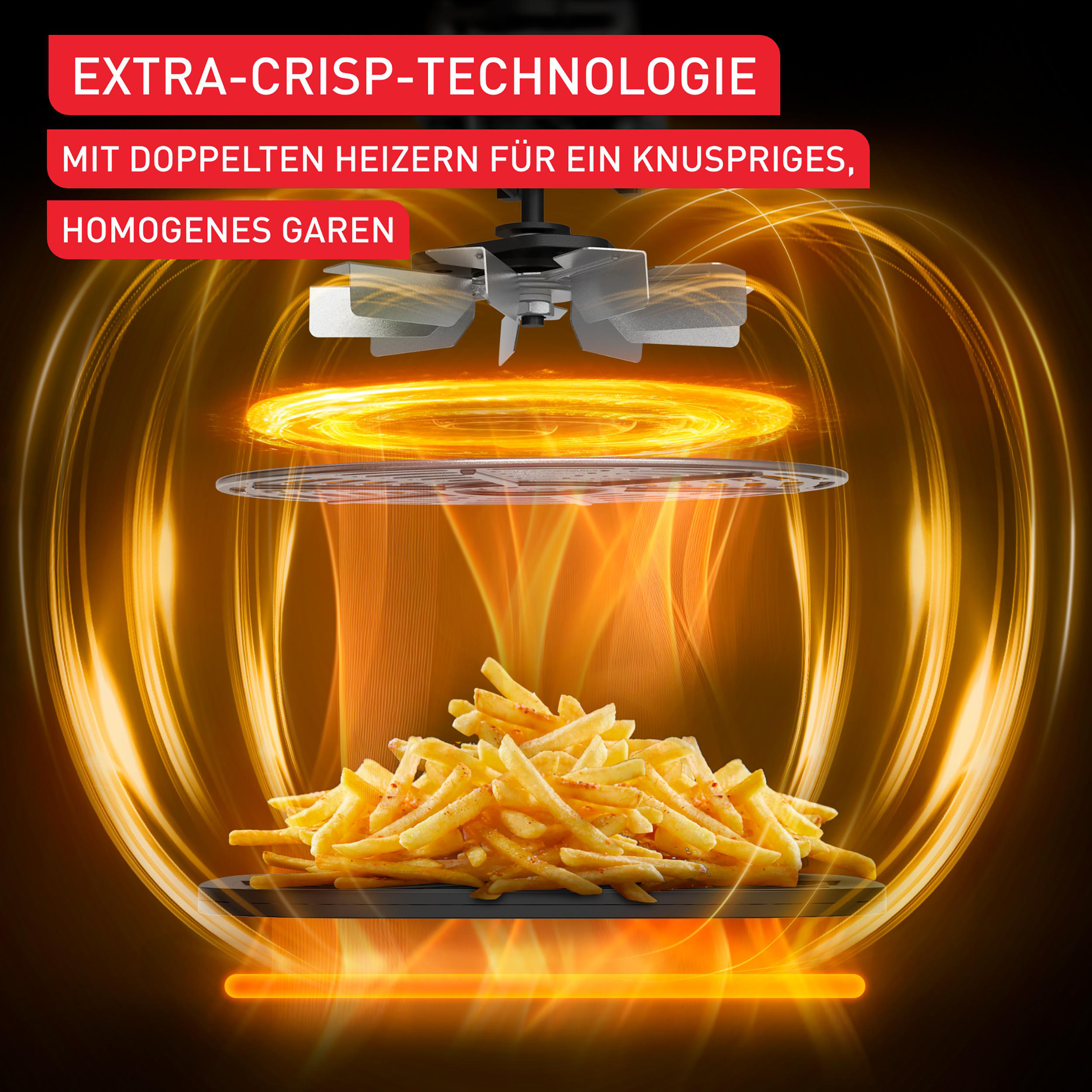 Illustration von Pommes Frites, die in einer Heißluftfritteuse gegart werden.