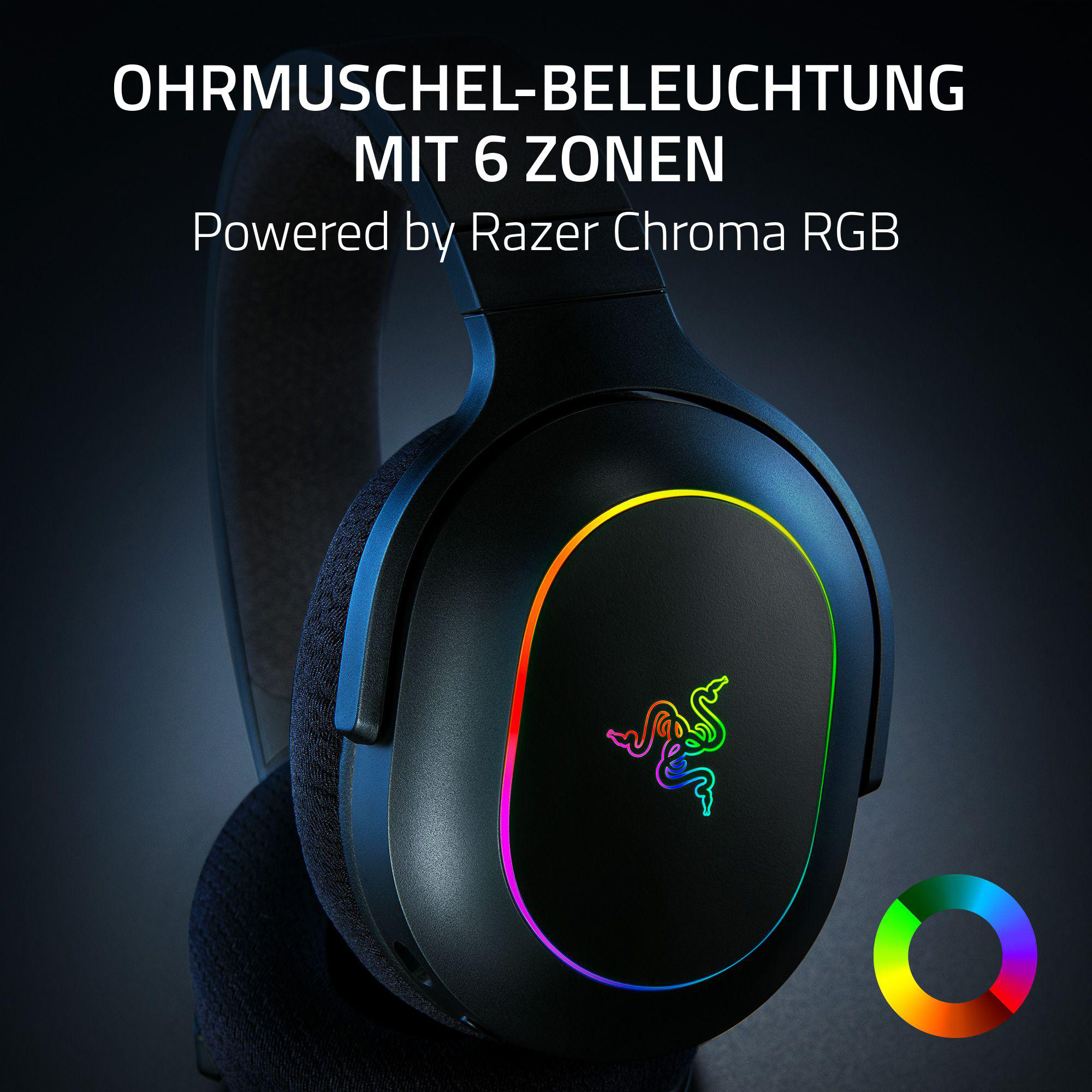 Schwarzes Razer-Headset mit farbiger Ohrmuschelbeleuchtung. Das Razer-Logo ist sichtbar.