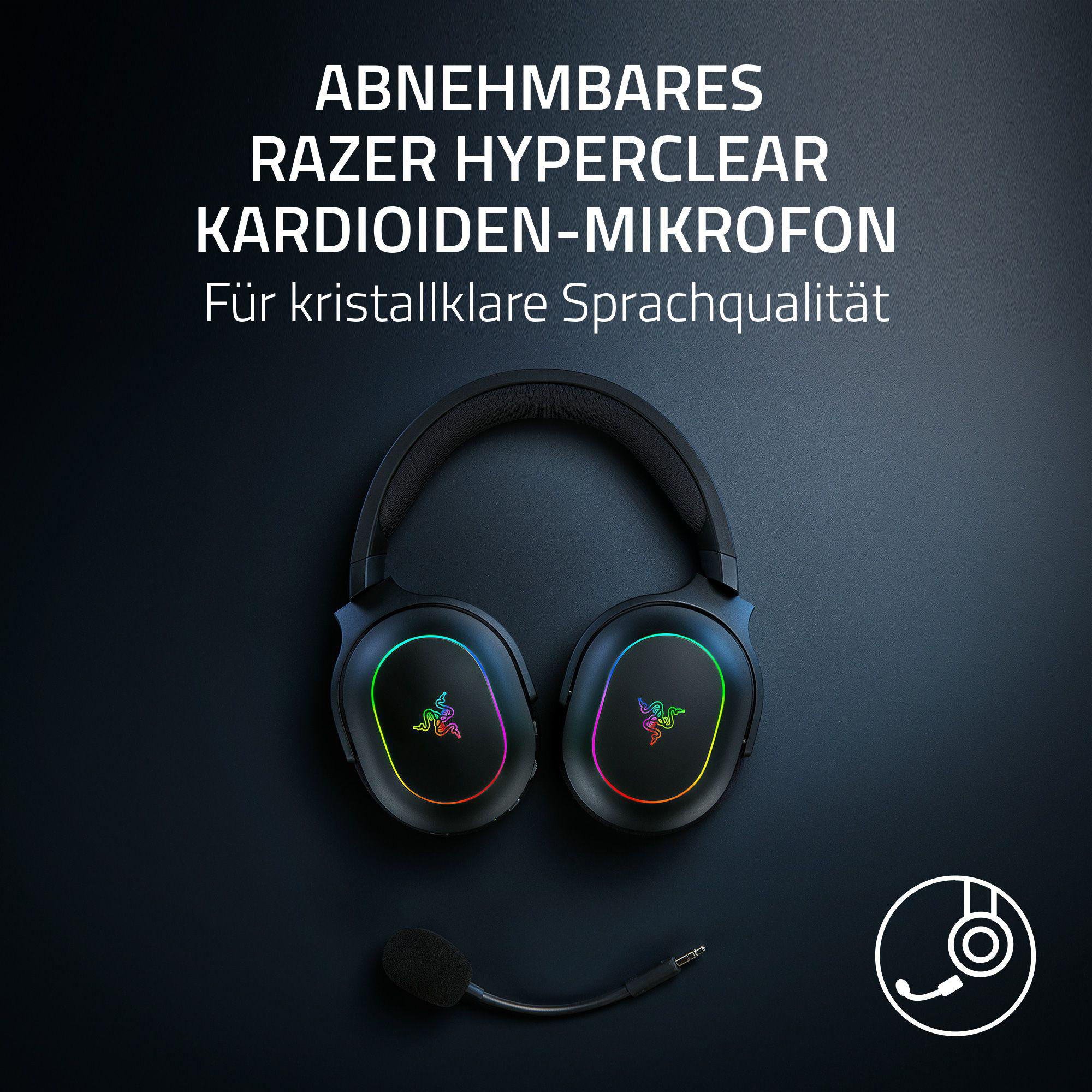 Schwarzes Razer-Headset mit abnehmbarem Mikrofon und Regenbogenfarben an den Ohrmuscheln auf schwarzem Hintergrund.