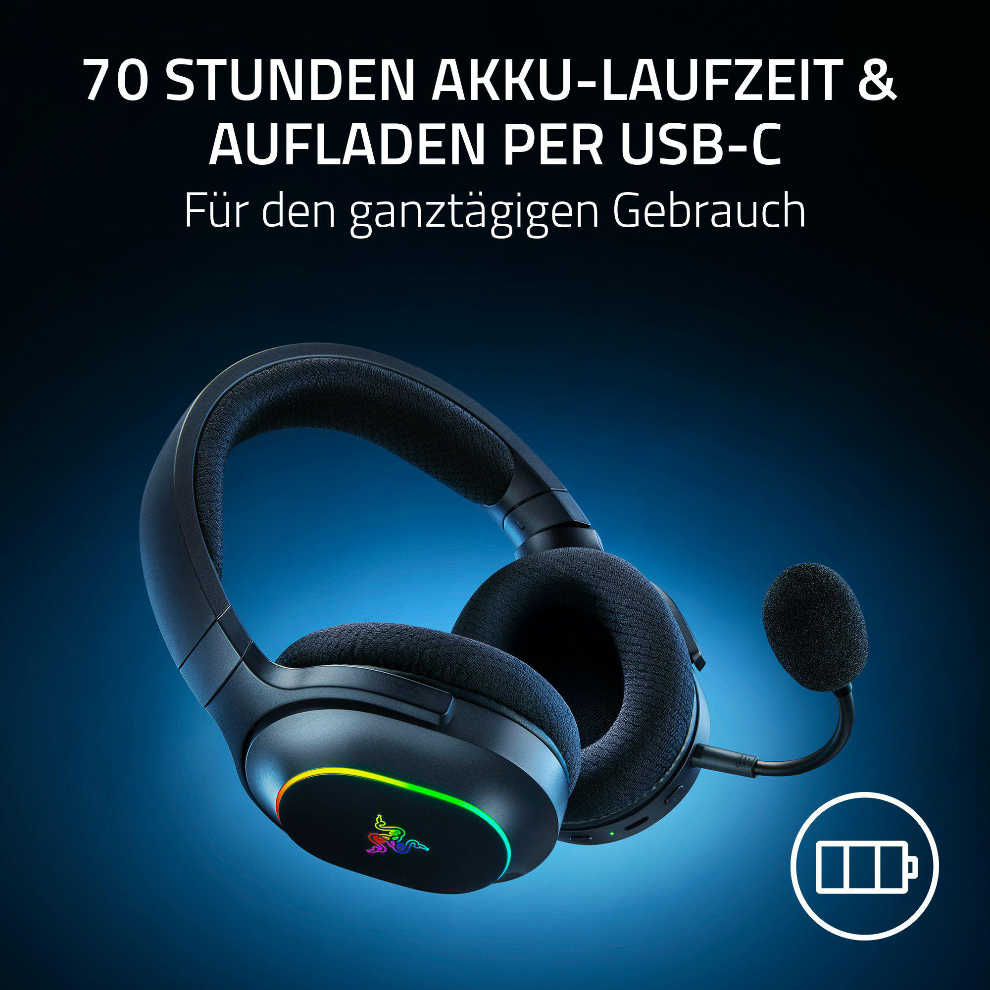 Ein schwarzes Headset mit Mikrofon und leuchtendem Razer-Logo.