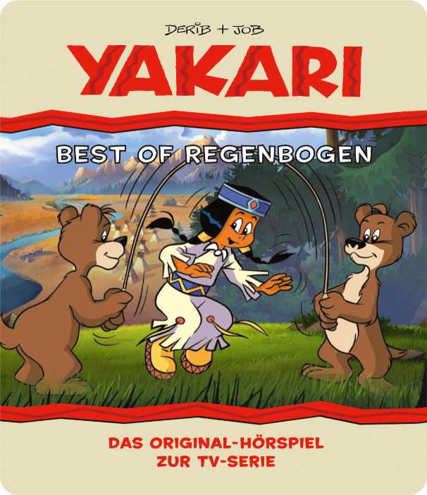 Image de dessin animé de Yakari, un garçon amérindien, avec des ours et du texte.