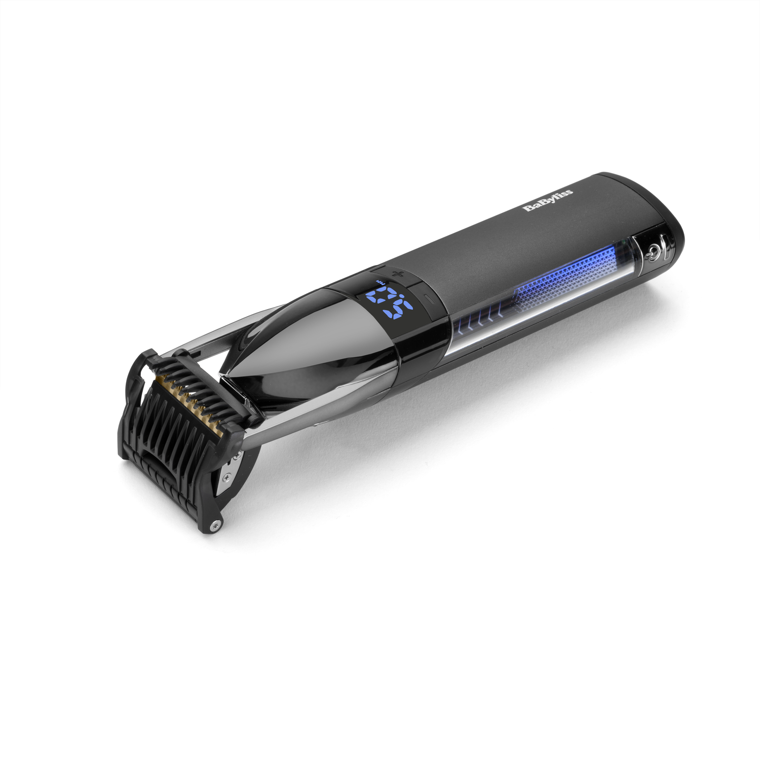 A black hair trimmer with a digital display and adjustable blade.