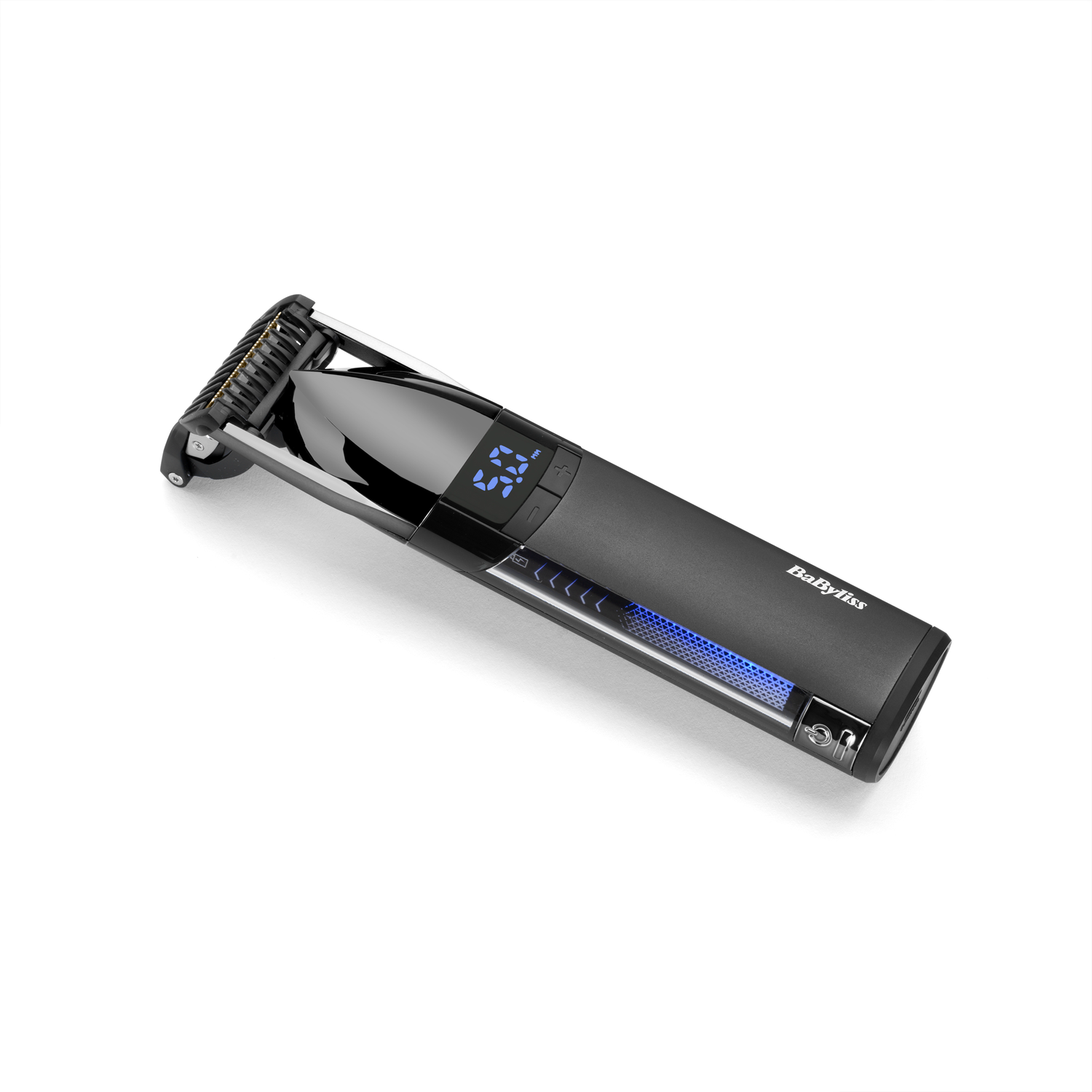 A black Babyliss hair trimmer, angled, showing digital display and blue light.