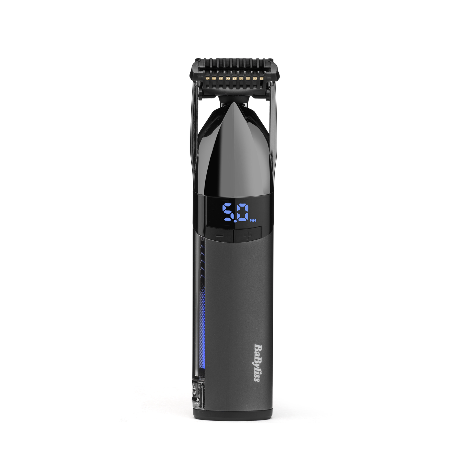Black hair trimmer with blue digital display, showing 5.0 mm, against a white background.