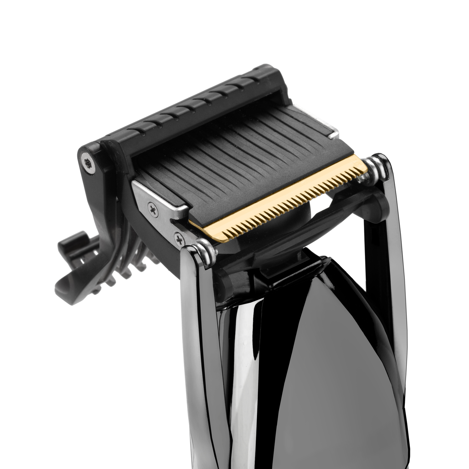 Close-up of a black hair clipper with a silver blade and a white background.