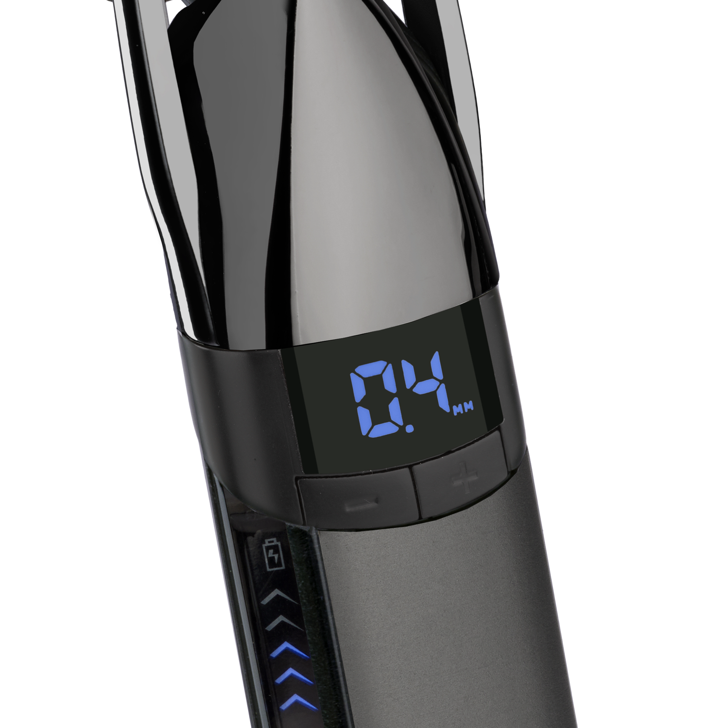 Close-up of a black hair clipper displaying '0.4 mm' on a digital screen. Some battery indicators visible.