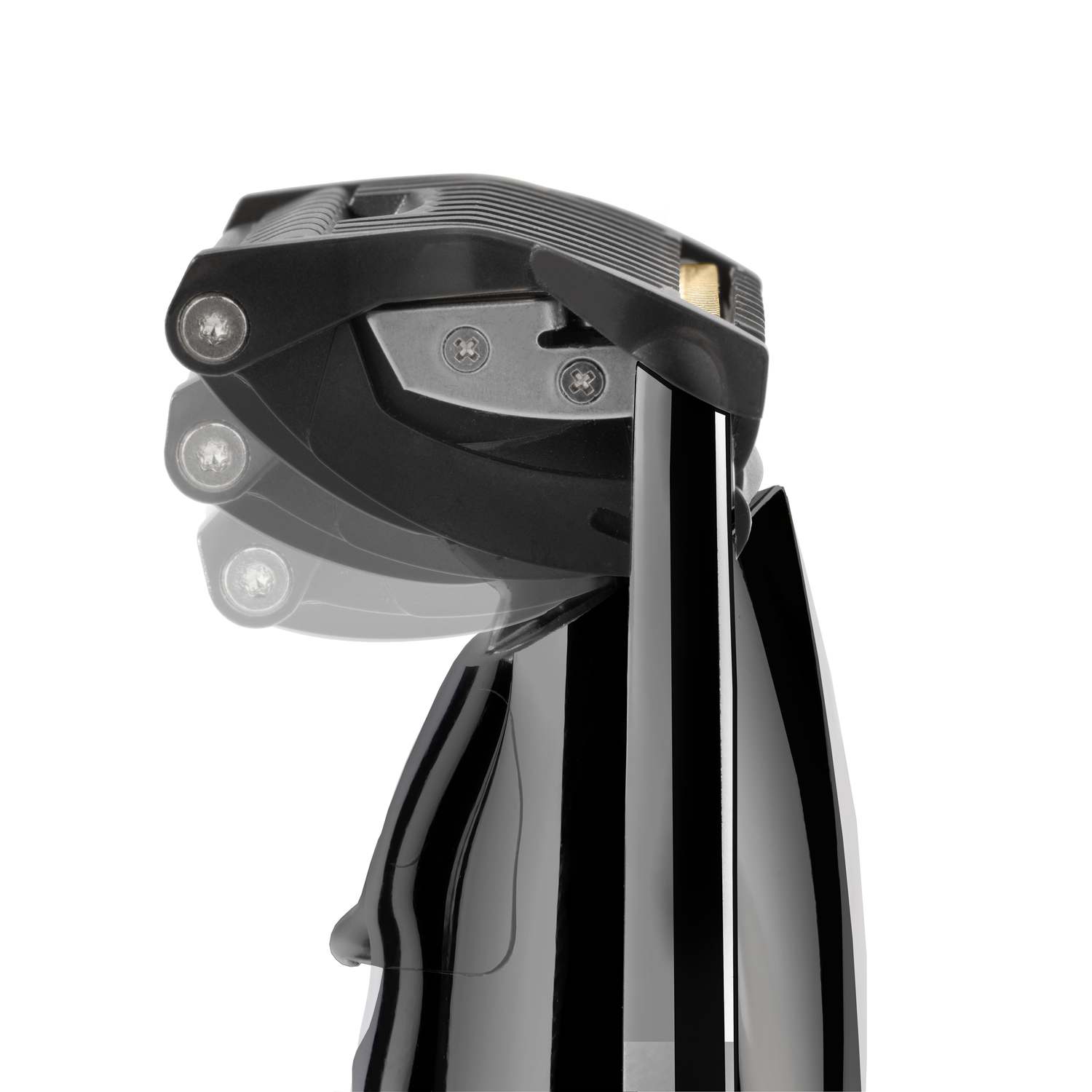 Close-up of a black blender with a curved design and metallic accents on a white background.