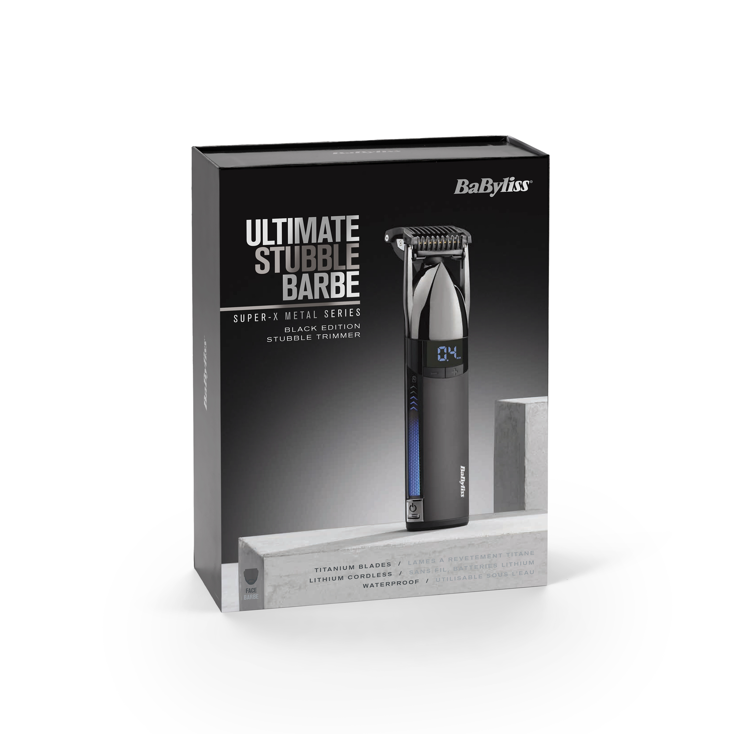 Black box with a trimmer and product details. White background.