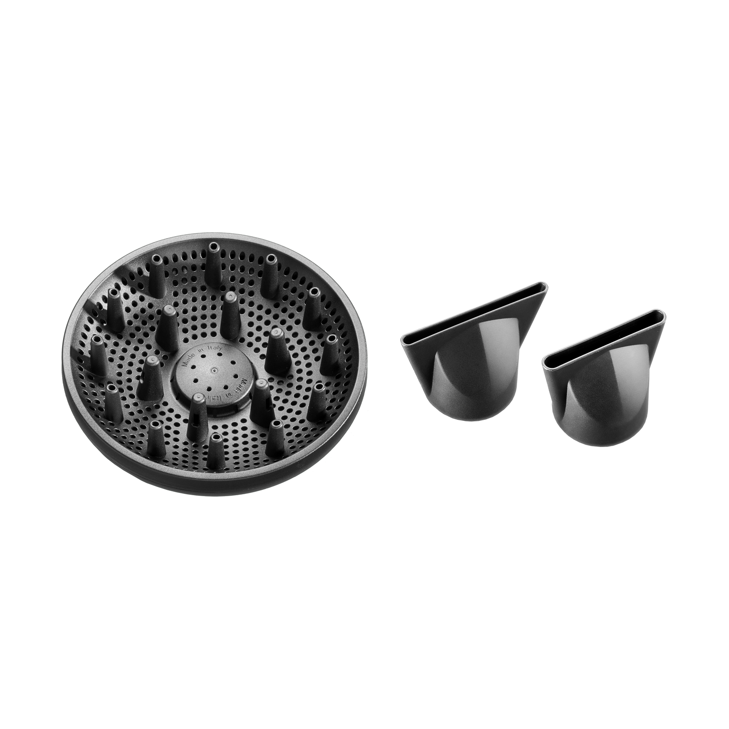 Hair dryer attachments: a diffuser and two nozzle attachments.