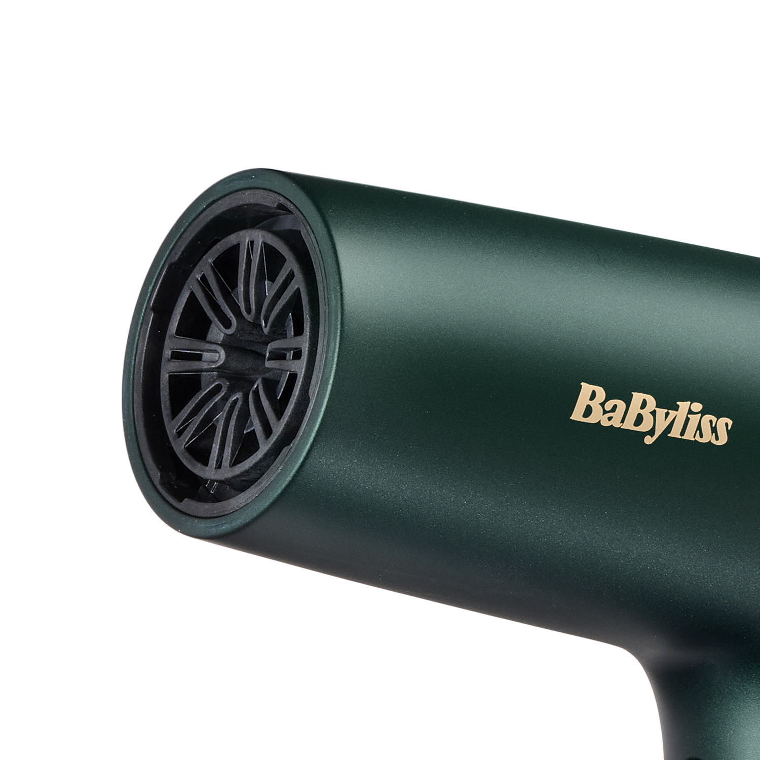 Close-up of a dark green hair dryer with the brand name 'BaByliss'.