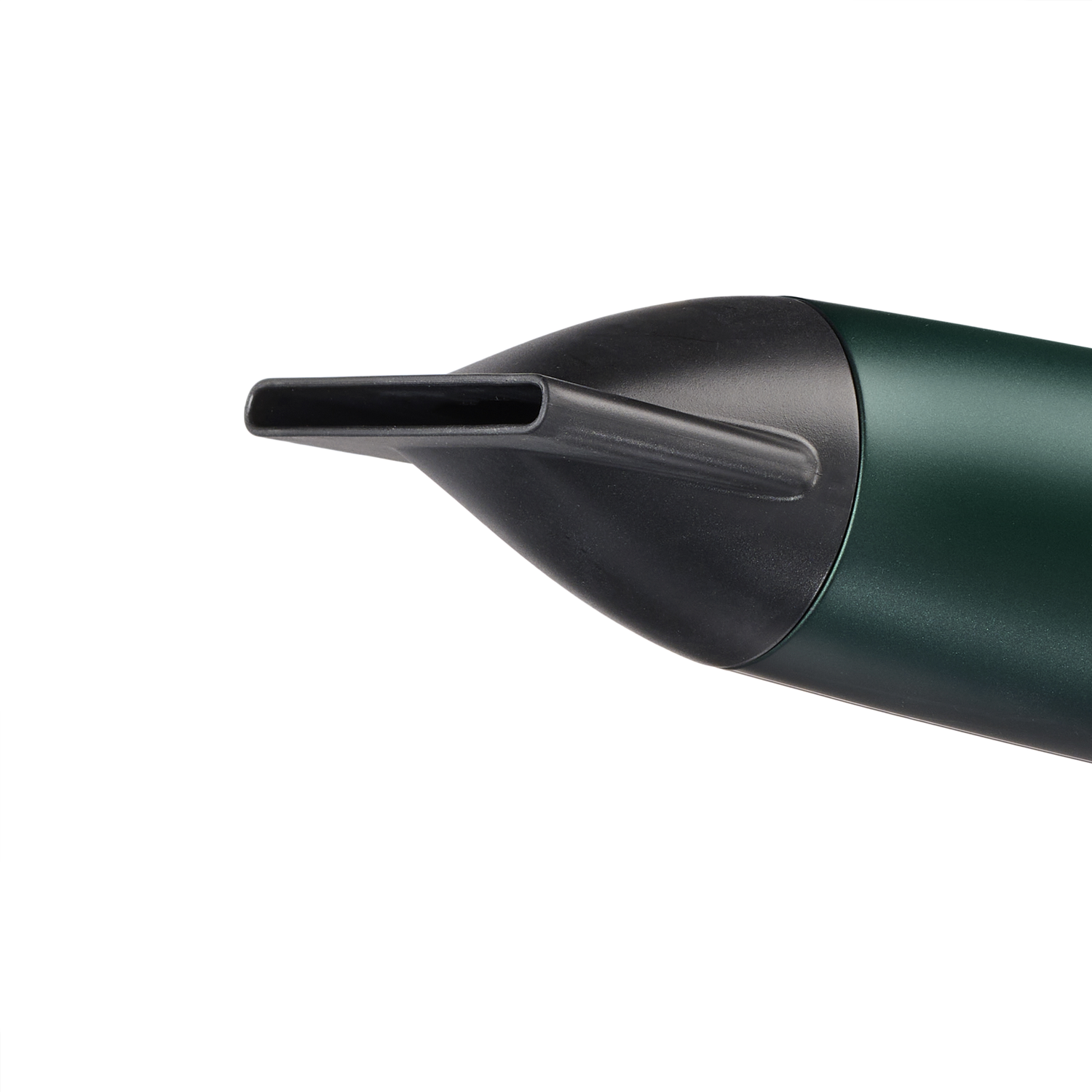 A black and green hairdryer nozzle, close-up, against a white background.