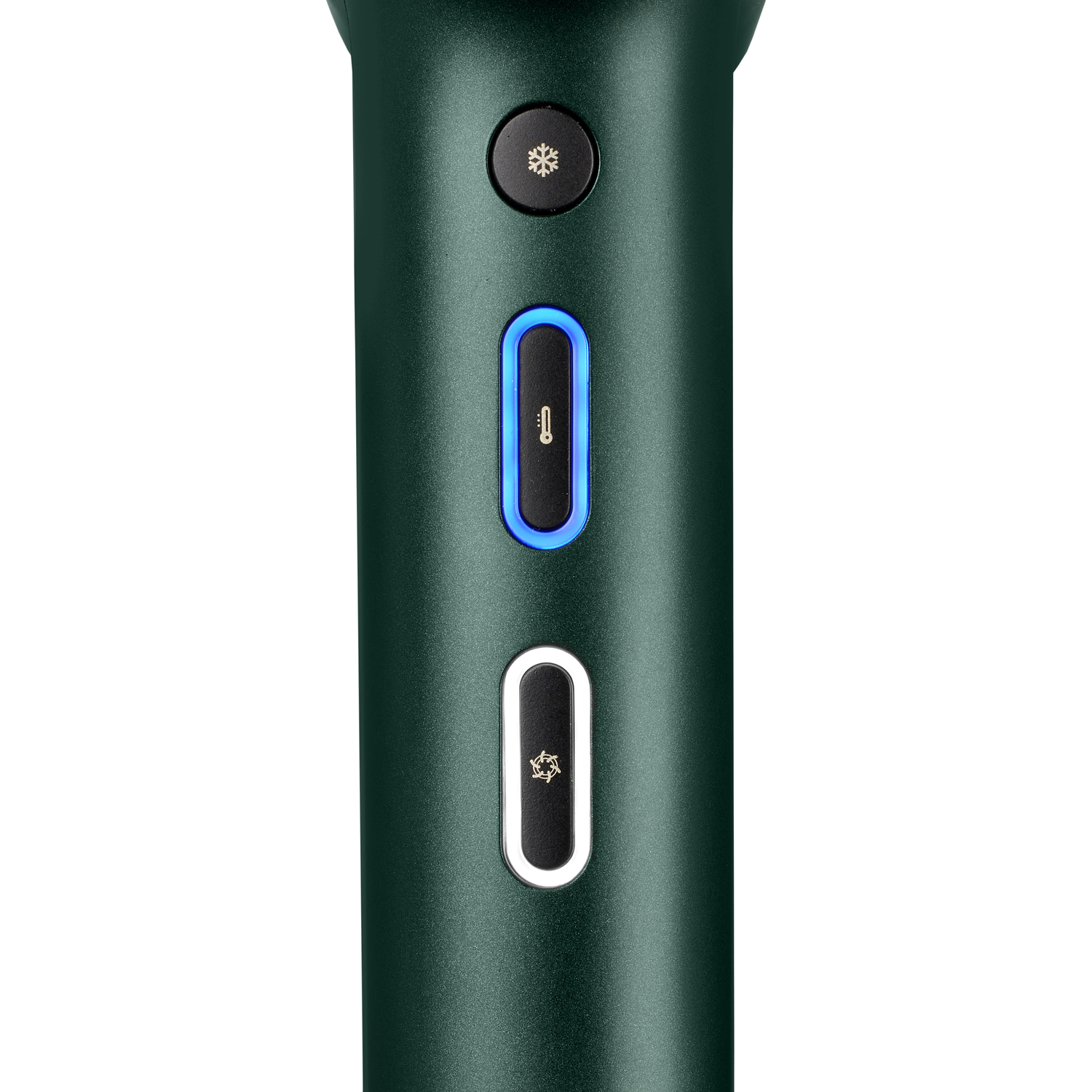 Close-up of a green hair styling tool with buttons. The buttons have snowflake, thermometer, and gear icons.