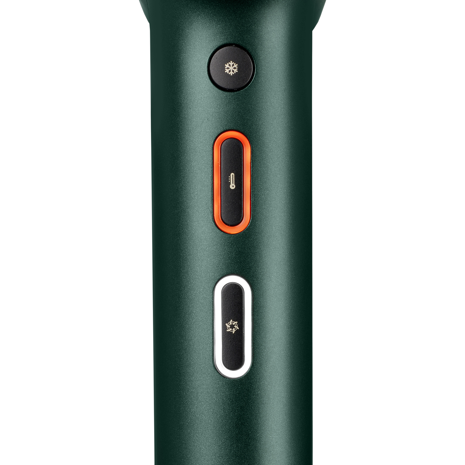 Close-up of a green device with three buttons: snowflake, thermometer, and another snowflake.