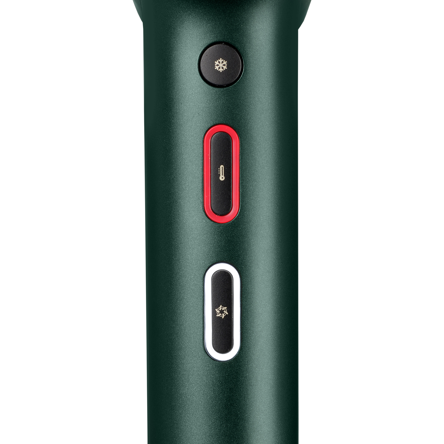 Close-up of a green device with three buttons, snowflake, red, and snowflake.