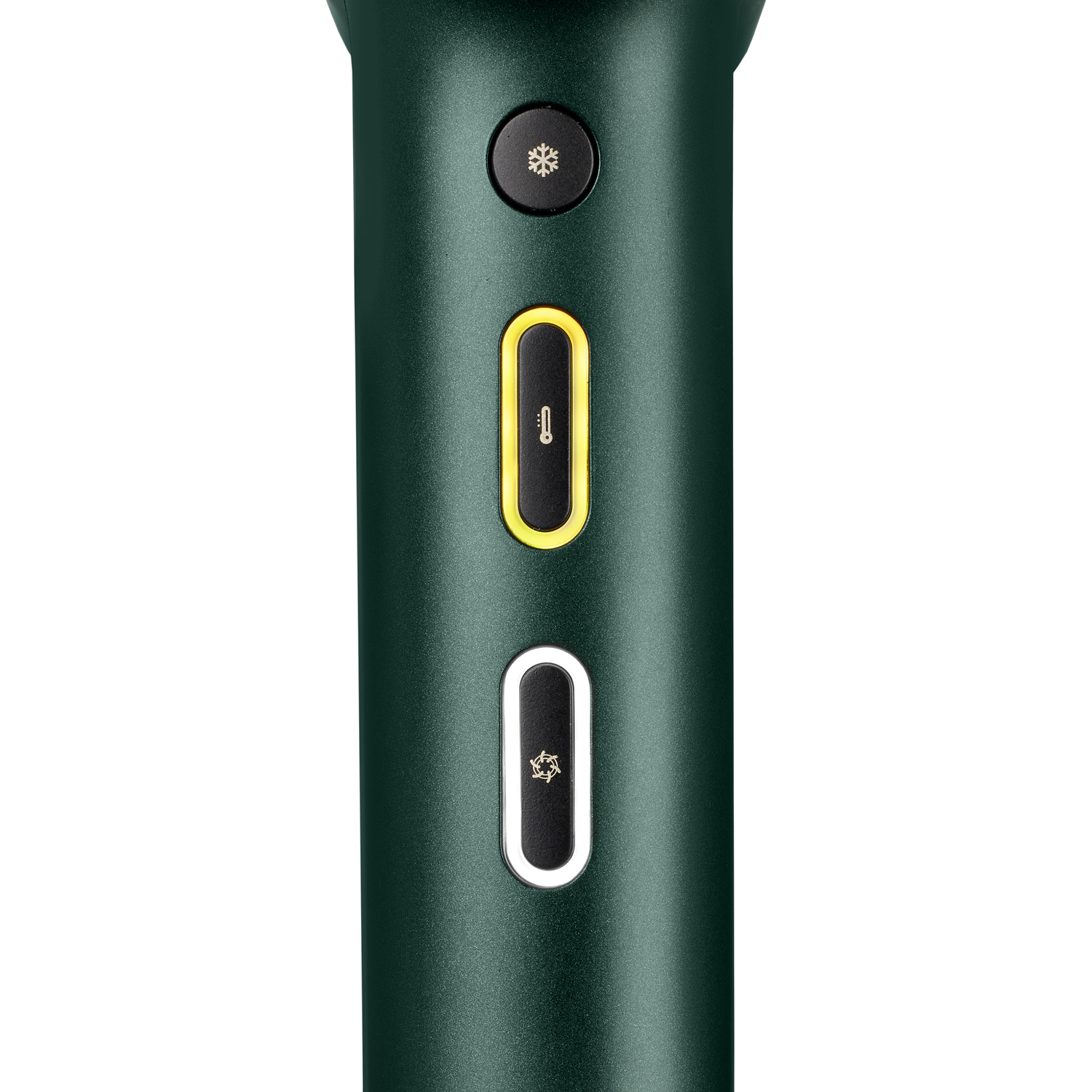 Close-up of a dark green hair styling tool with several buttons, and a white background.