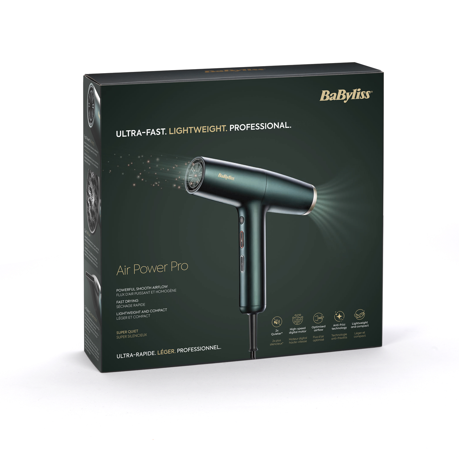 Babyliss Air Power Pro hair dryer box. Green hair dryer image with light coming from it.