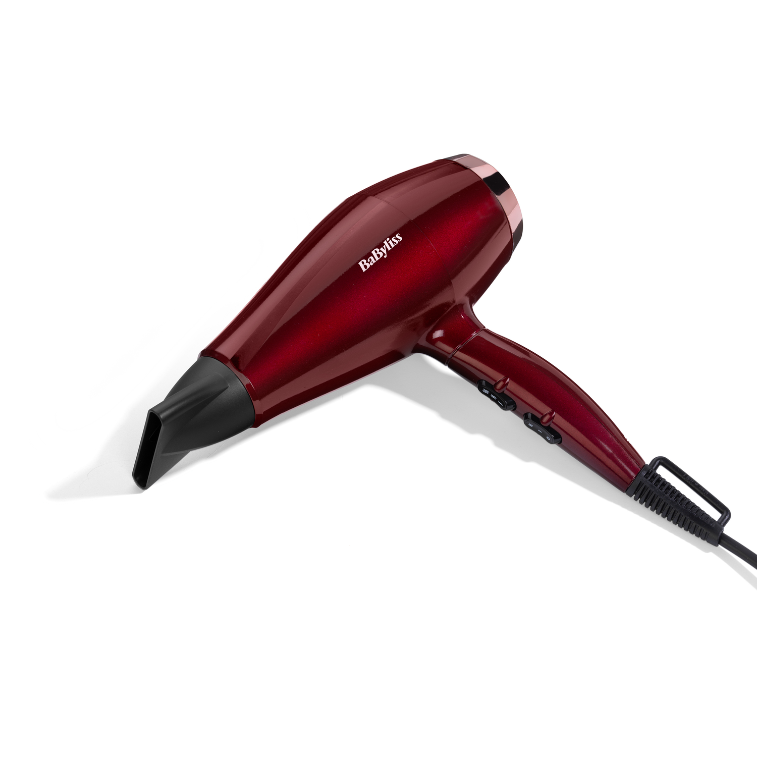 Dark red Babyliss hair dryer on a white background. Black nozzle and power cord are also visible.
