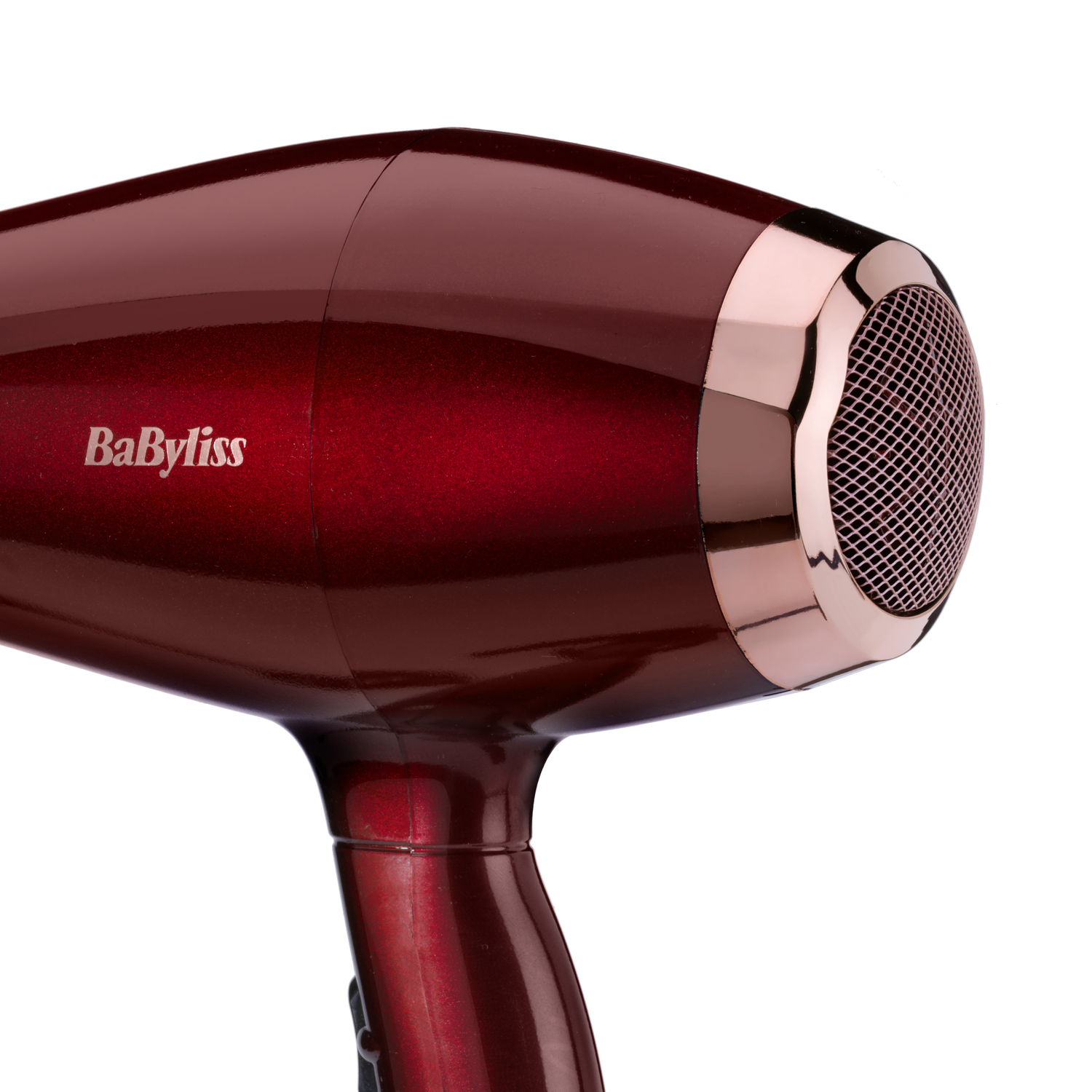 Close-up of a burgundy Babyliss hair dryer on a white background.