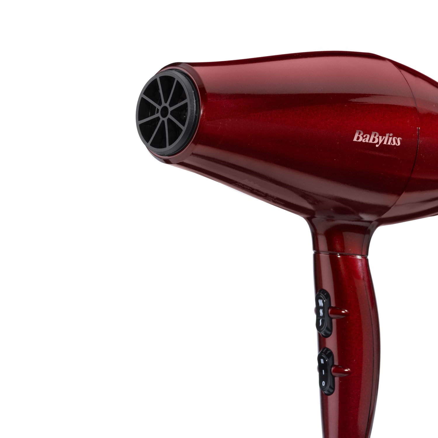 A red and glossy hair dryer with black details.
