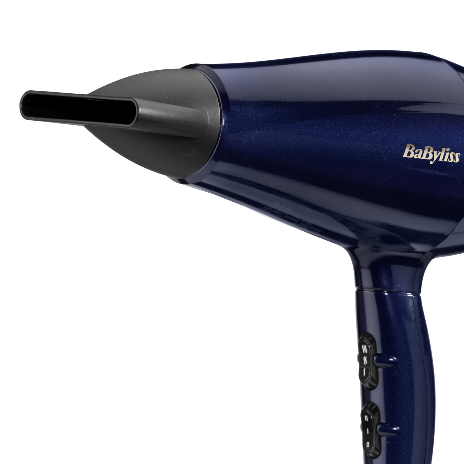 Blauwe Babyliss föhn met zwarte mondstuk. Witte achtergrond.