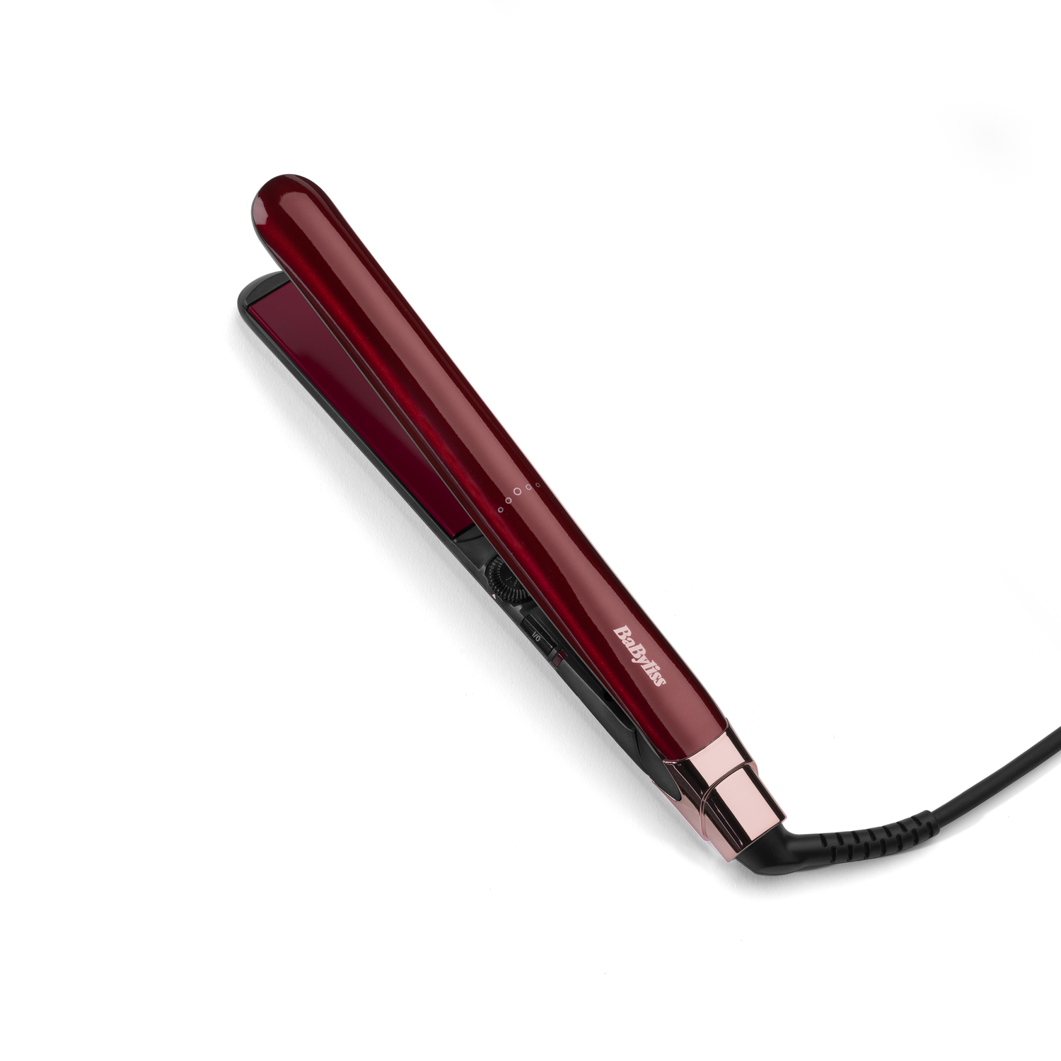 A red and gold flat iron, with the Babyliss logo, on a white background.