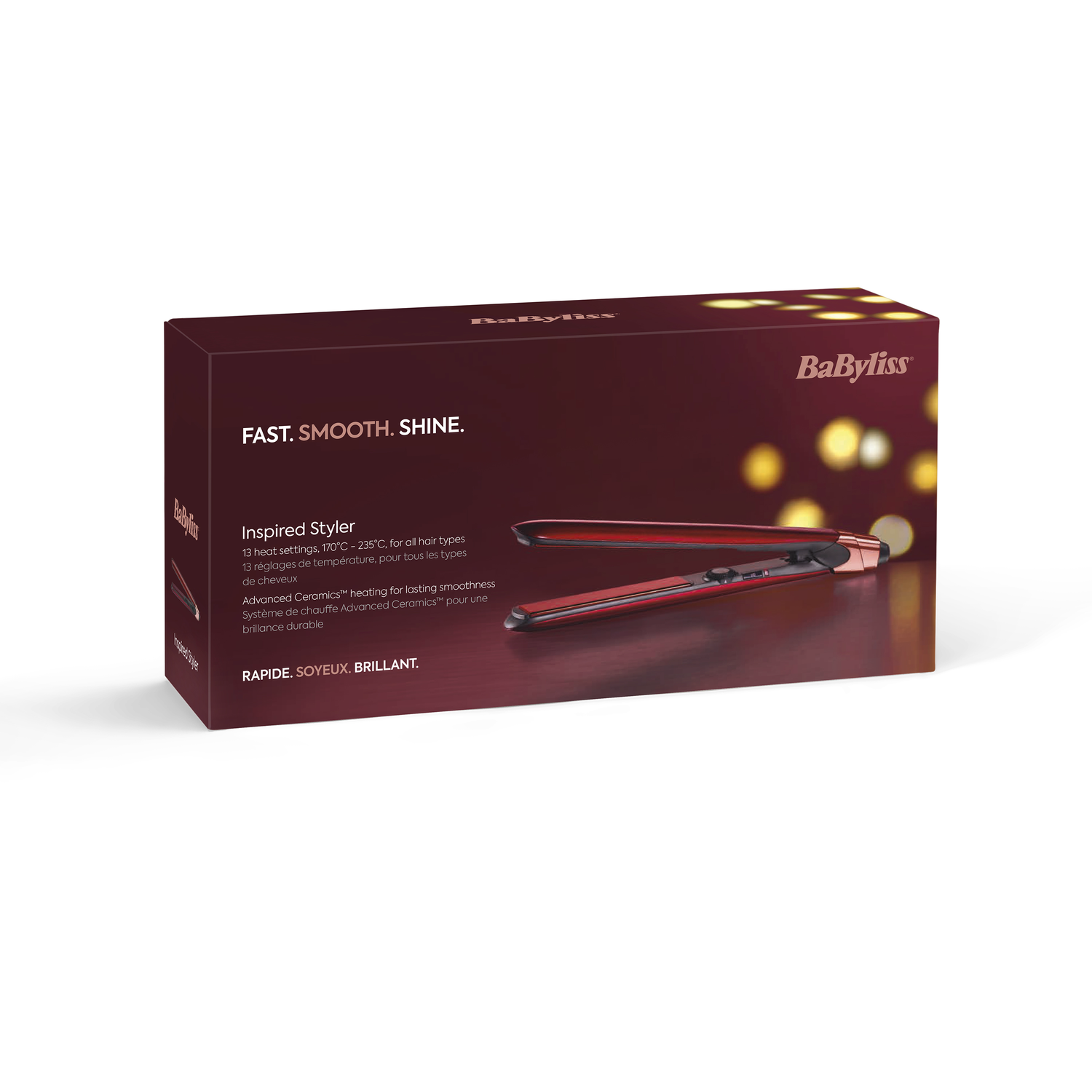 Box of Babyliss hair straightener, red and black design. Text: FAST, SMOOTH, SHINE.