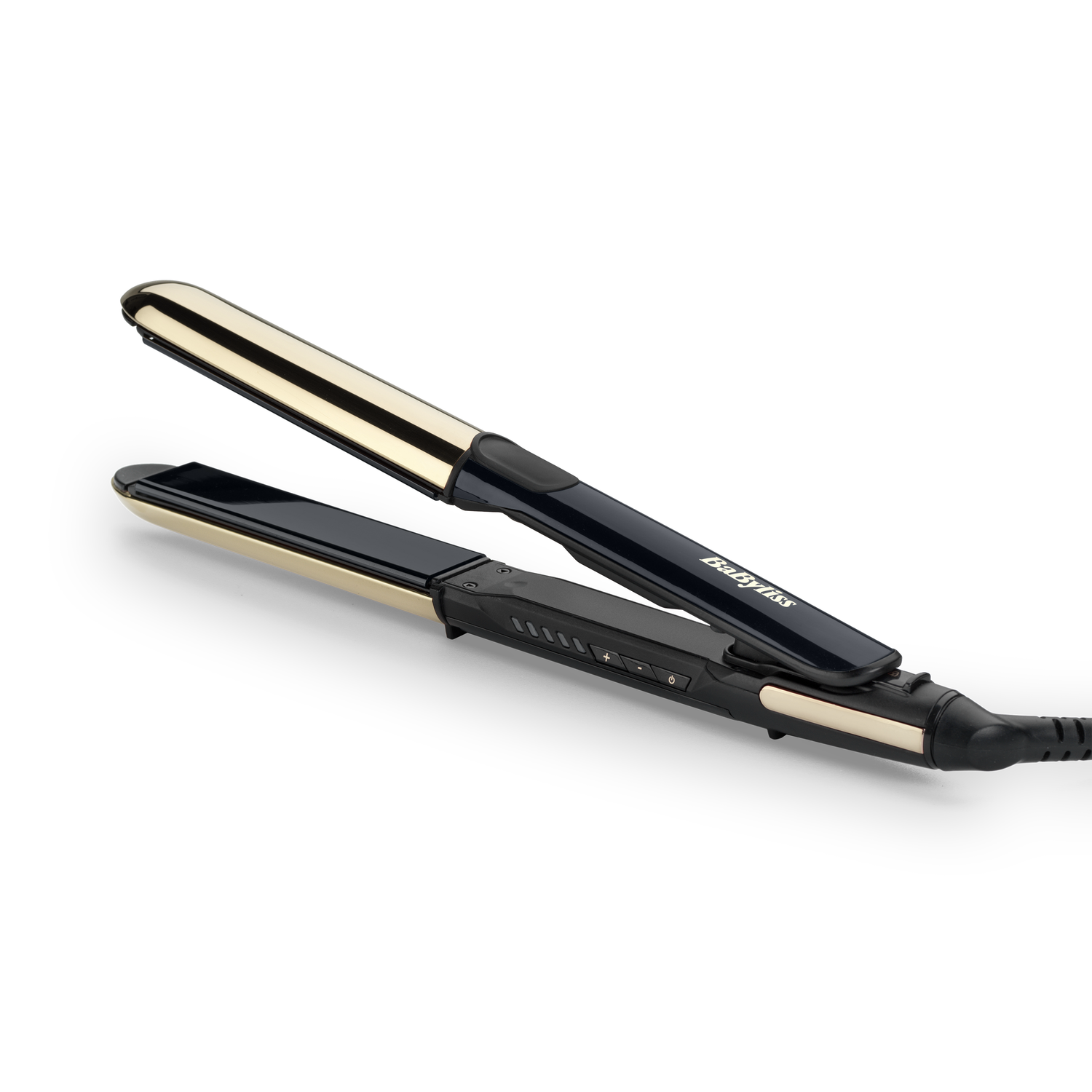 Black and gold hair straightener. It is open and shows the gold plates. 