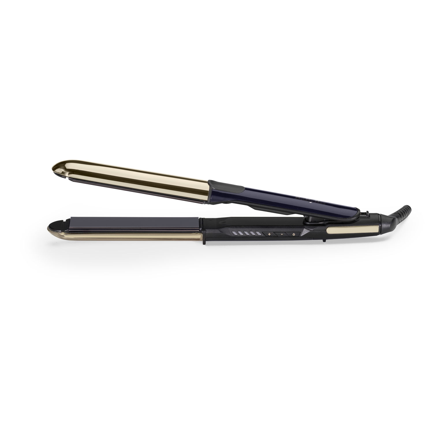 Hair straightener, black and gold, open, with heating plates visible. The device is on a white background.