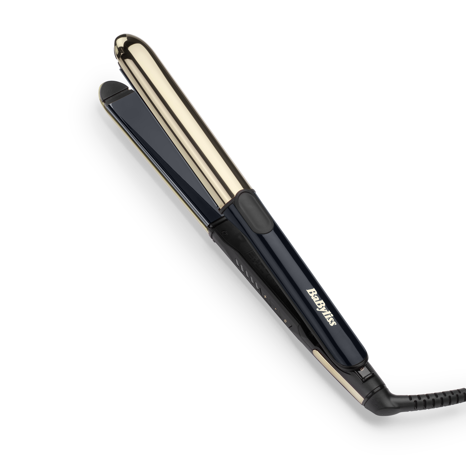A black and gold hair straightener, angled on a white surface.