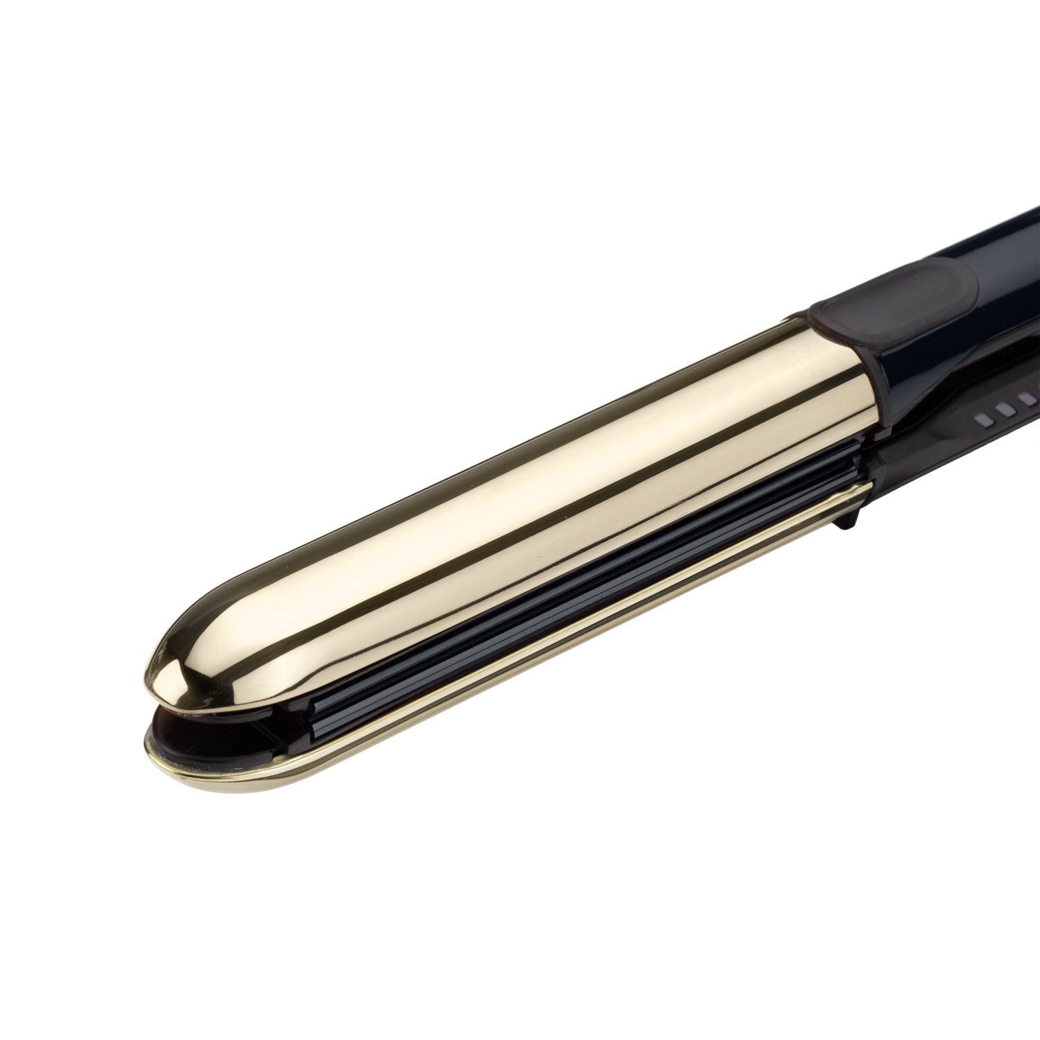 A gold and black hair straightener is shown. The plates are closed and the handle is black. White background.