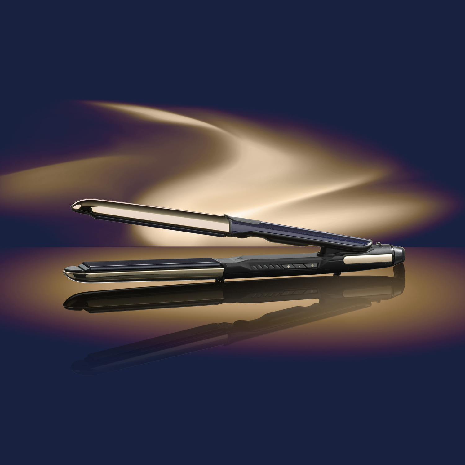 Hair straightener, black with gold accents, open on a reflective surface, with a blue and gold background.