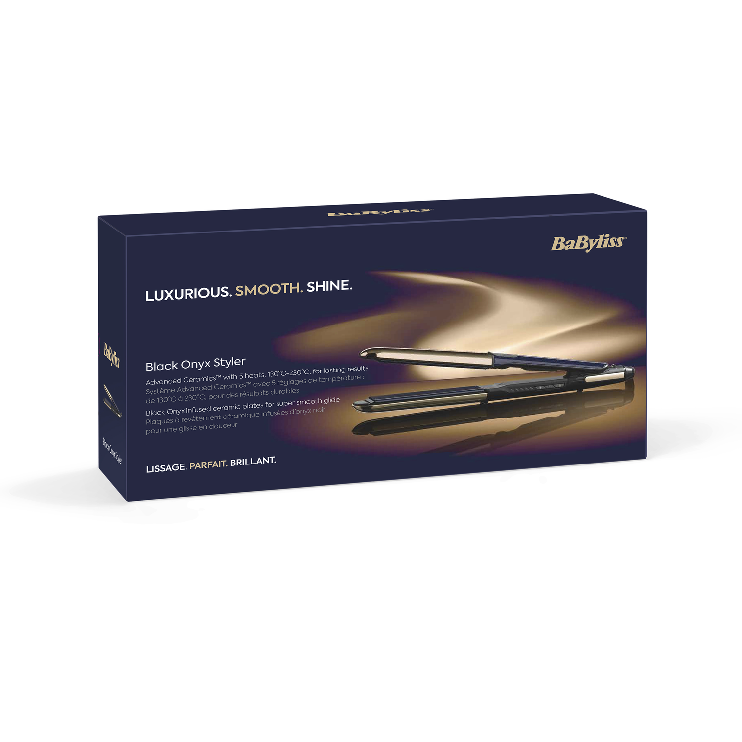 A black hair straightener in a box. The box has the words: Luxurious. Smooth. Shine. printed on it.