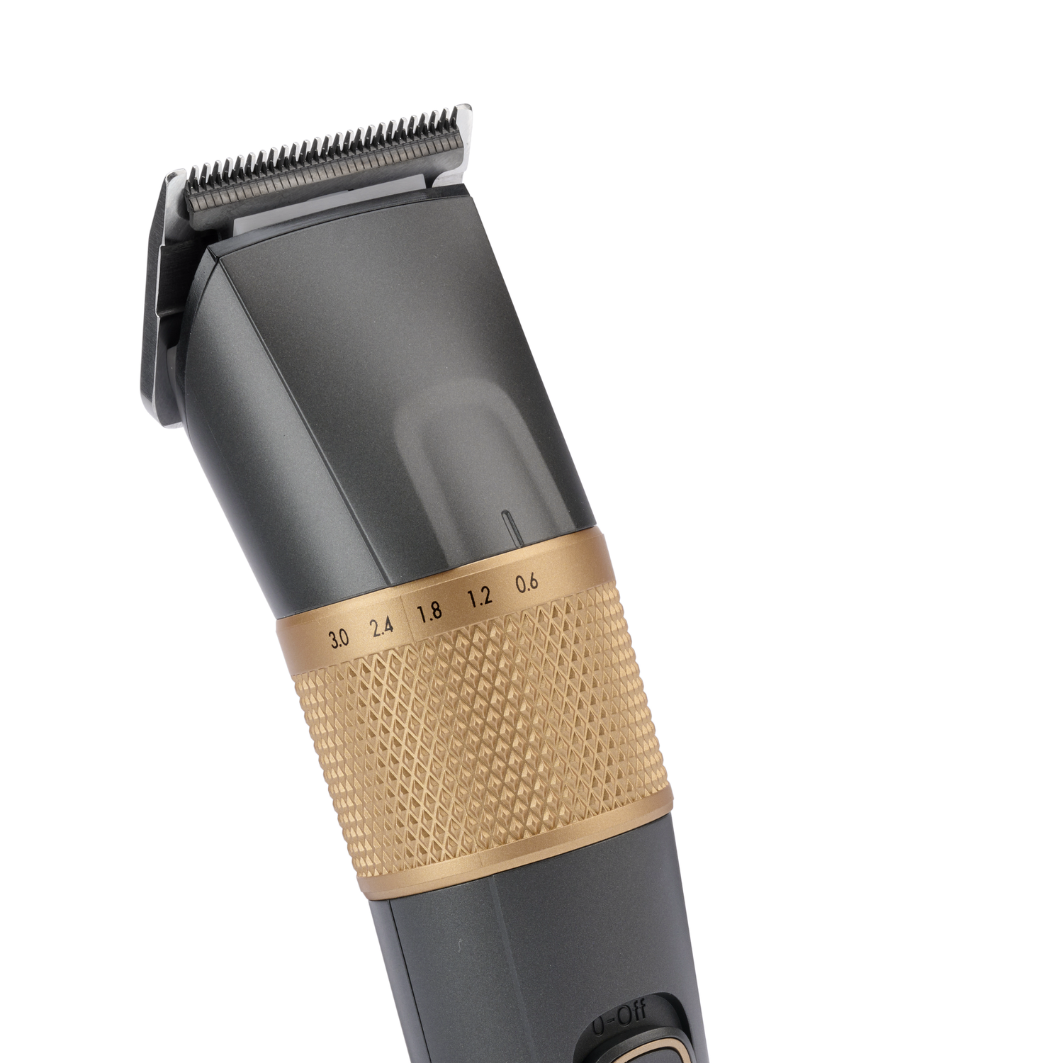 Close-up of a grey and gold hair clipper, with numbers displayed.