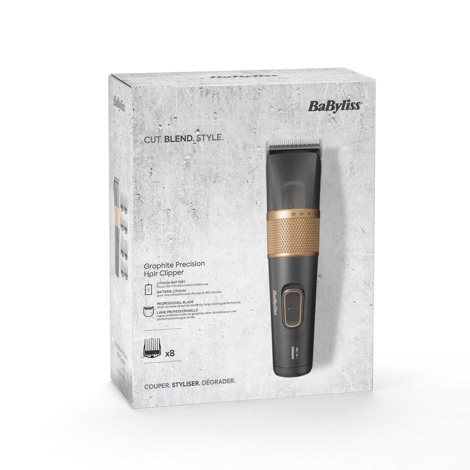 A Babyliss hair clipper box with a clipper and accessories.