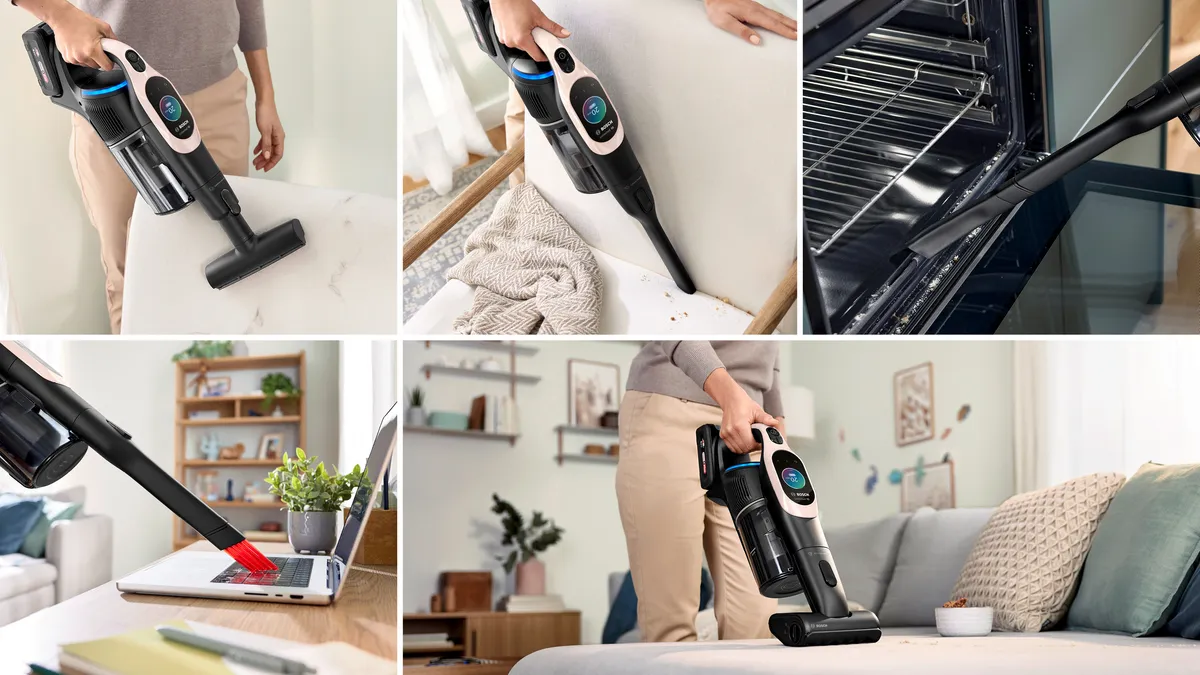 Seria zdjęć pokazujących użycie odkurzacza bezprzewodowego na różnych powierzchniach.