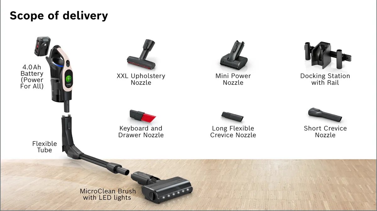 Elementy odkurzacza, w tym bateria, elastyczna rura i dysze.