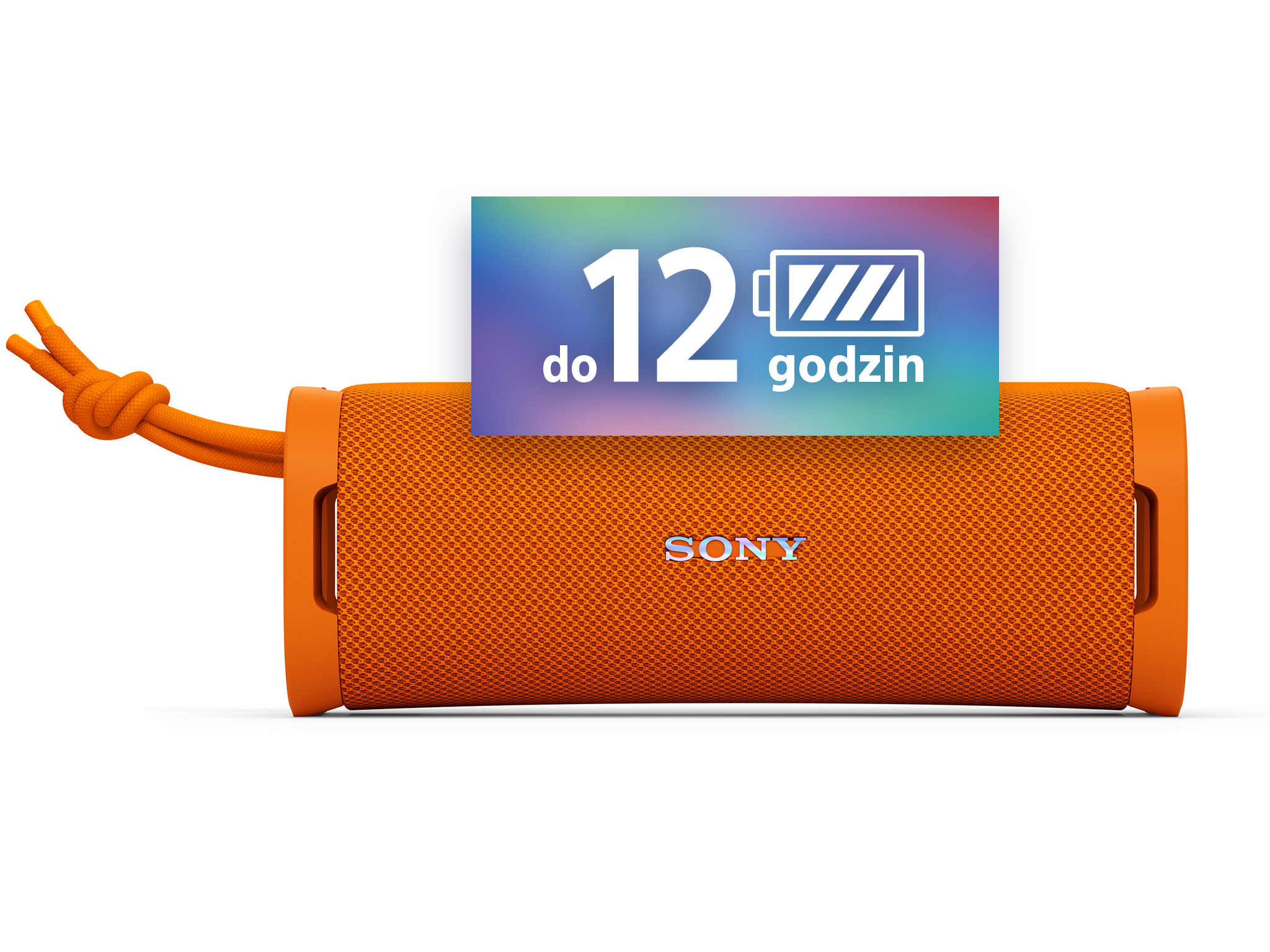 Pomarańczowy głośnik przenośny z tekstem: 'do 12 godzin' i 'SONY' na białym tle.