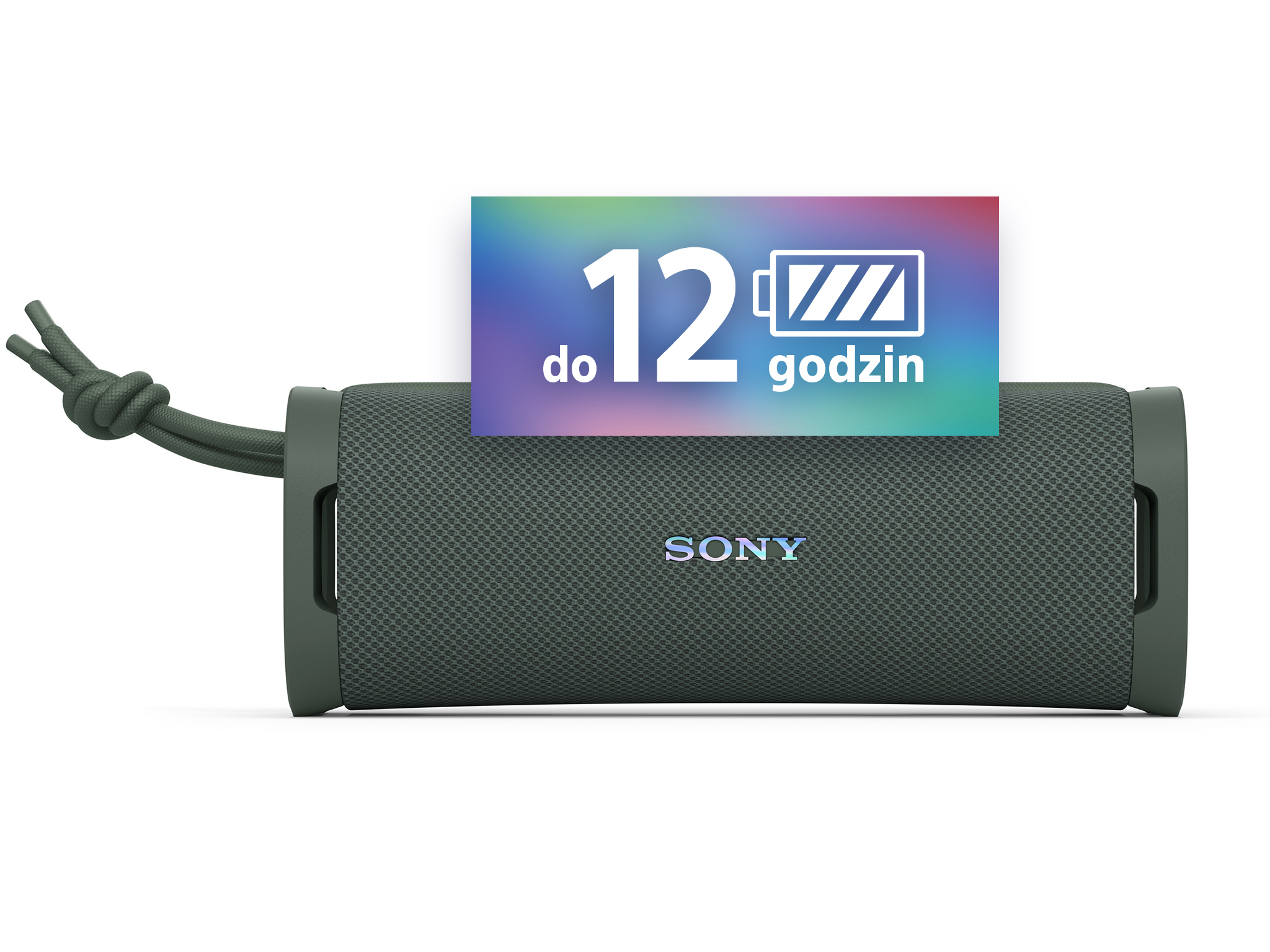 Czarny i szary głośnik z etykietą 'do 12 godzin'.