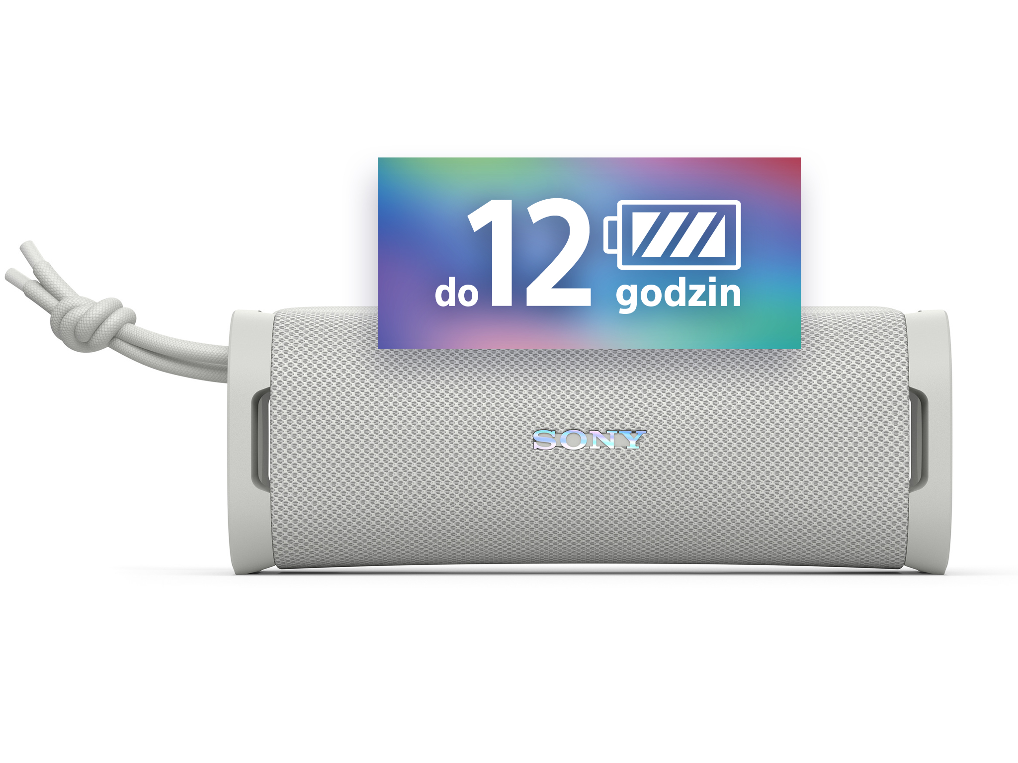 Biały głośnik Bluetooth Sony z kolorowym grafikiem pokazującym żywotność baterii.
