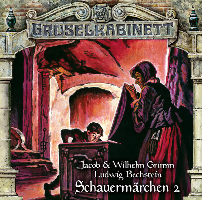 Buchcover mit dem Titel „GRUSELKABINETT“ mit einer Person, die in eine Truhe schaut, und einer Frau in der Nähe.