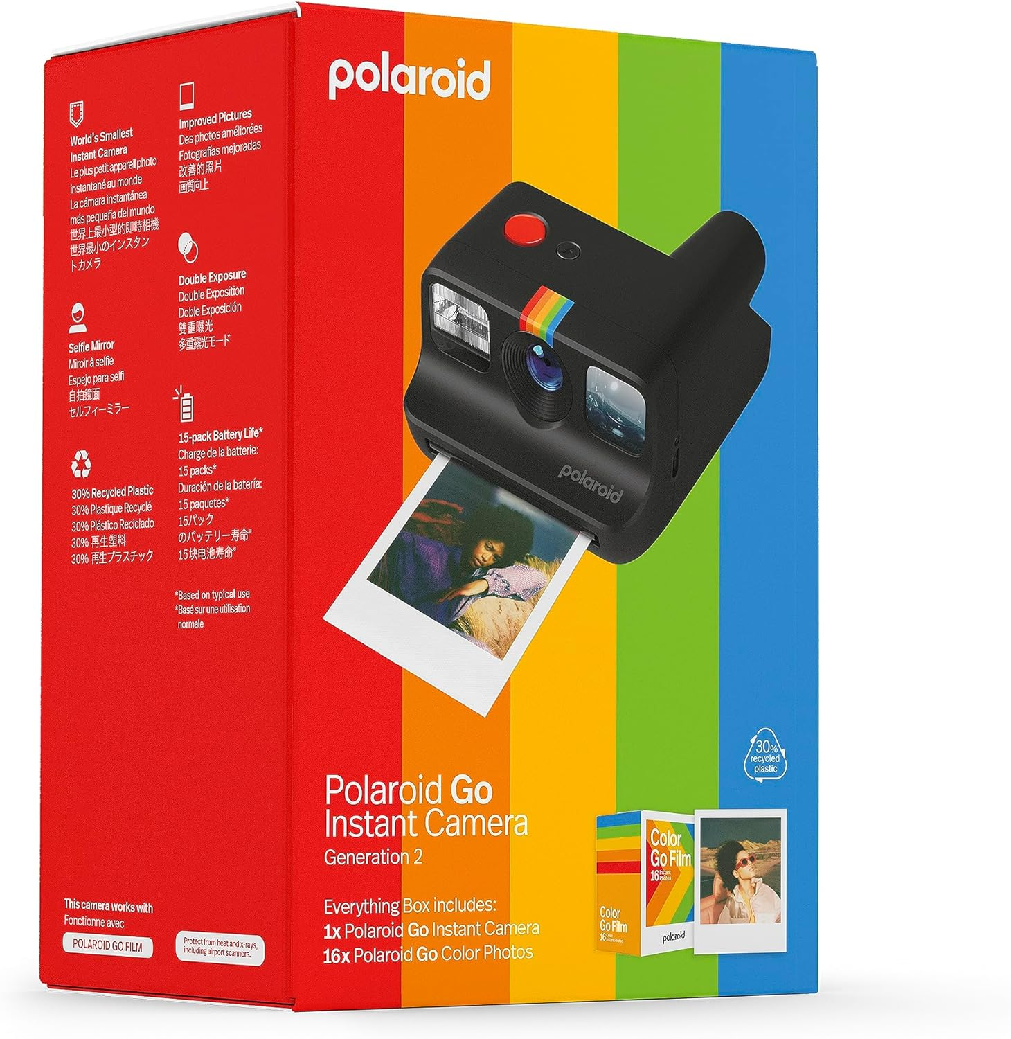 Caja de cámara instantánea Polaroid Go con cámara e imágenes.
