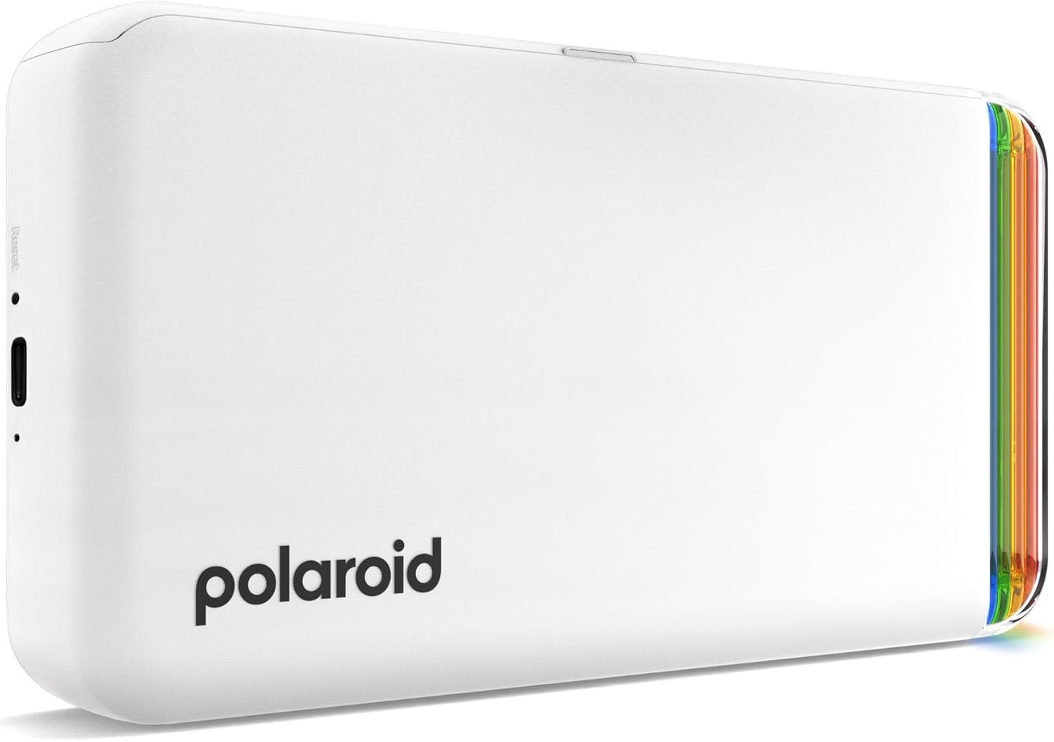 Una cámara instantánea blanca con la palabra 'polaroid' en el lateral.