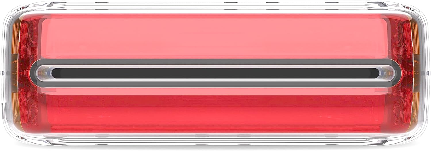Un objeto transparente, rectangular, transparente con interior rojo y una franja negra.