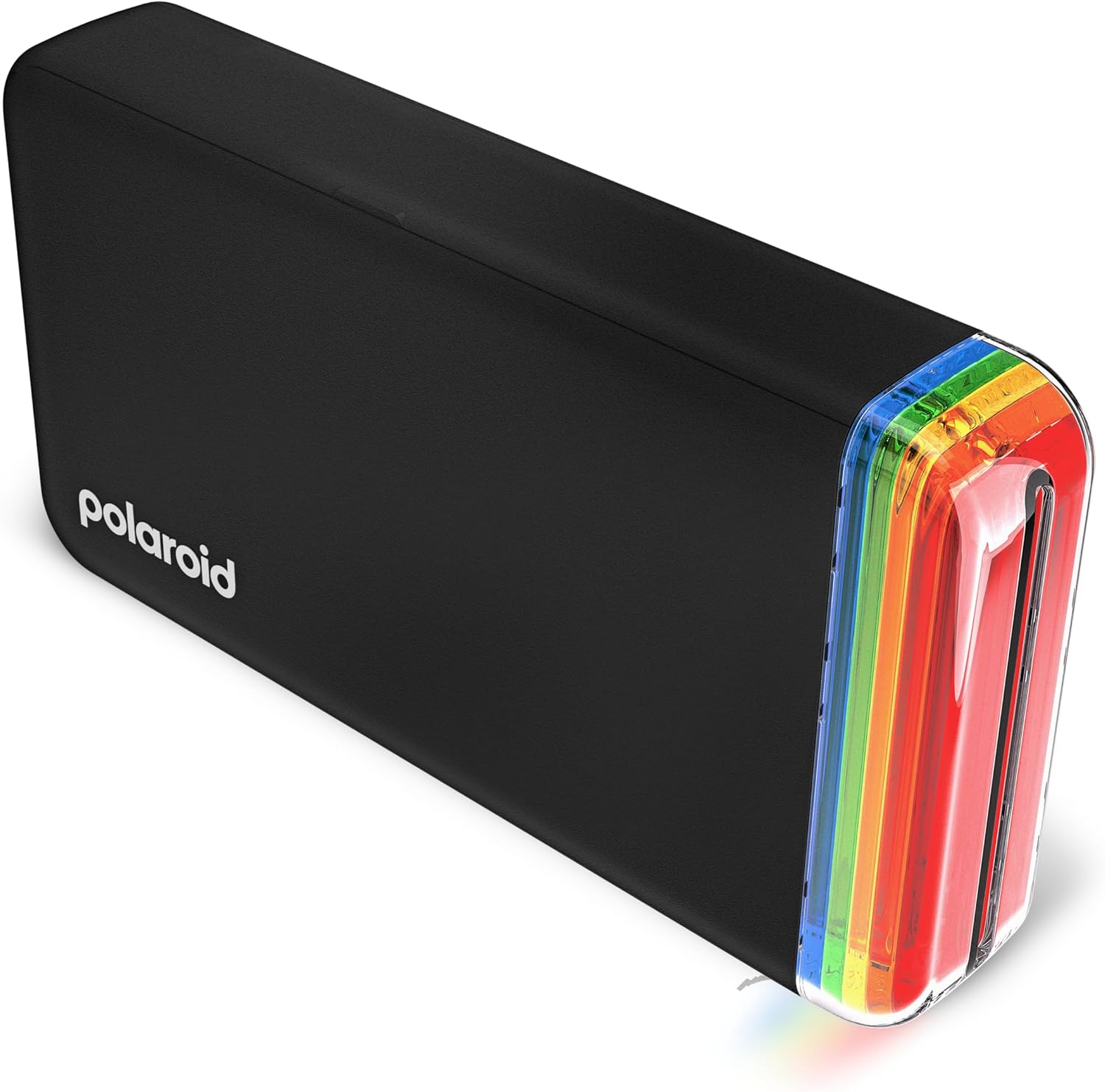 Una cámara instantánea Polaroid negra con una franja de luz de colores arcoíris en el lateral.