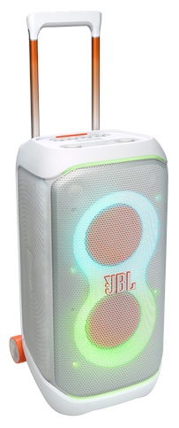 Biały głośnik JBL z uchwytem i kolorowymi światłami.