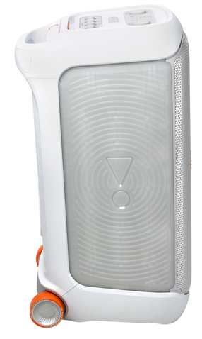 Biały głośnik przenośny z przezroczystym przodem, pomarańczowymi kółkami i elementami sterującymi.