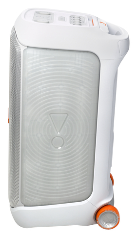 Biało-pomarańczowy głośnik imprezowy JBL na białym tle, odizolowany.